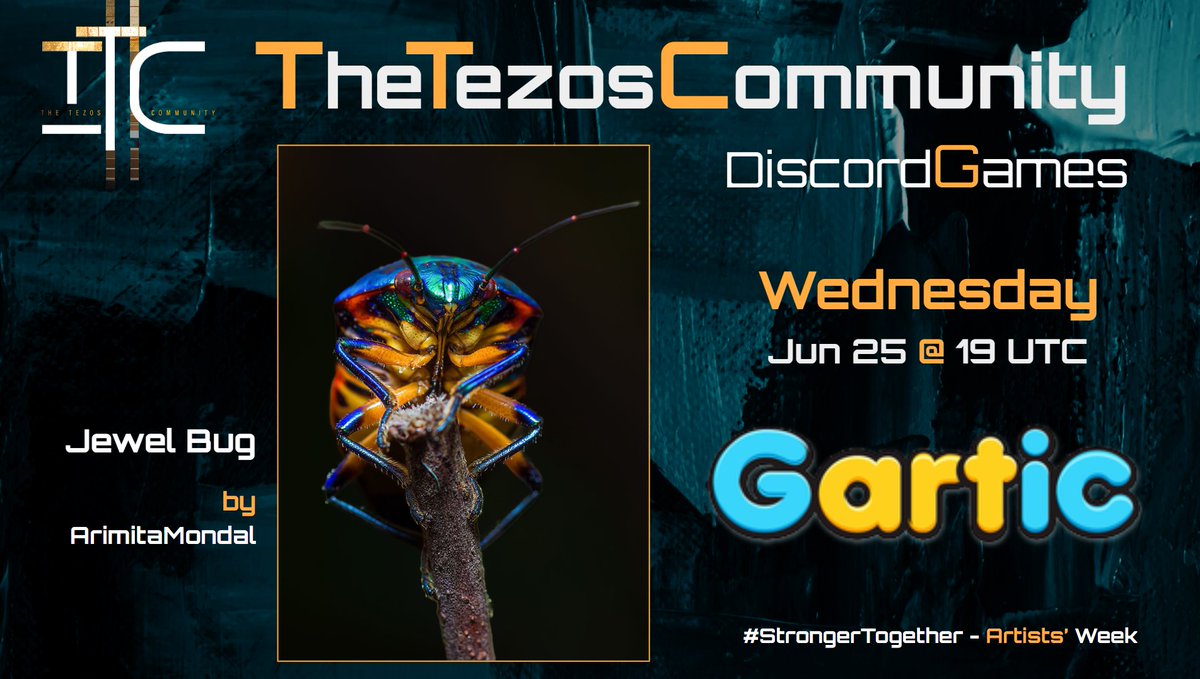 TheTezosCommunity (@thetezos) on Twitter photo It's Gartic day at TTC!!
Who's up for a round of Gartic later today? If that is your case, meet us at discord at 19 UTC👉 discord.gg/K8D9hxPaBr
🏆 Winner receives "Jewel Bug" by <a href="/arimitaNFT/">Arimita Mondal (Diti) 📸📸📸</a>, collected during a raid with <a href="/_thisisaraid/">This Is A Raid</a>
See you in in the games channel! GL 🍀 It's Gartic day at TTC!!
Who's up for a round of Gartic later today? If that is your case, meet us at discord at 19 UTC👉 discord.gg/K8D9hxPaBr
🏆 Winner receives "Jewel Bug" by <a href="/arimitaNFT/">Arimita Mondal (Diti) 📸📸📸</a>, collected during a raid with <a href="/_thisisaraid/">This Is A Raid</a>
See you in in the games channel! GL 🍀