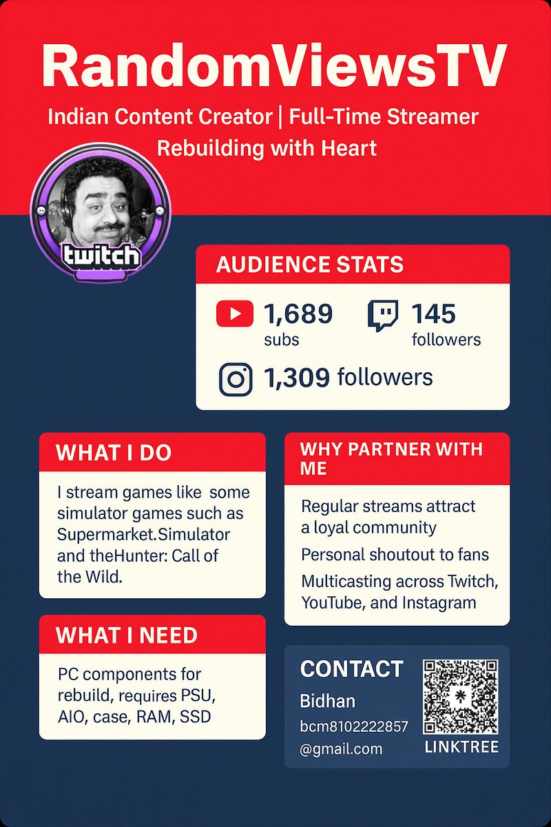 RandomViewsTV's tweet image. 💼 My media kit.
Small creator, big heart — rebuilding from scratch after a full PC failure.
Tag a brand, share this post, or just help me get noticed.
DM open | 📎 Media Kit below ⬇️
#PCRebuild #StreamerSupport #RandomViewsTV #SmallCreatorBigDreams