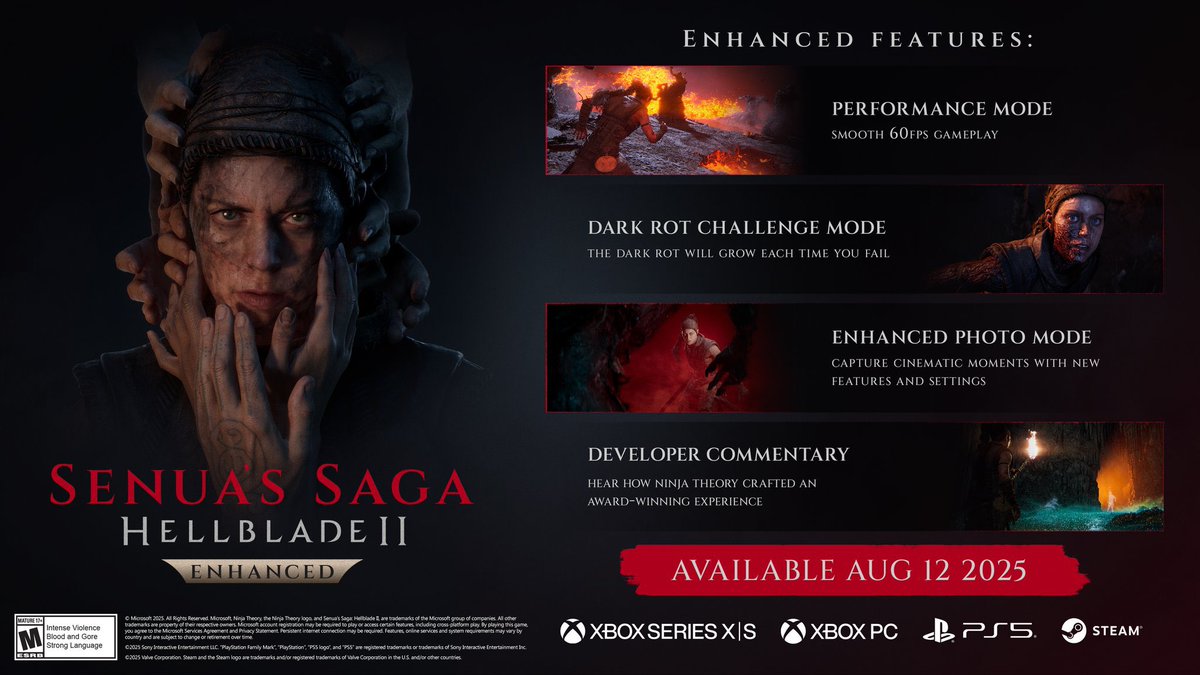 Senua’s Saga: Hellblade II Enhanced Arrives August 12 on PC/Xbox/PS5 for  $49.99

-Performance Mode (60 FPS)
-Dark Rot
-Enhanced Photo Mode
-Developer Commentary

news.xbox.com/en-us/2025/06/…