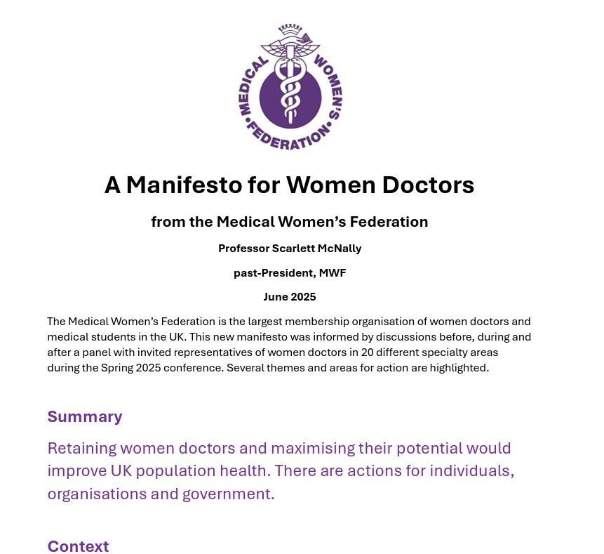 MWF (@medicalwomenuk) on Twitter photo We are delighted to launch our MWF “Manifesto for Women Doctors”. Valuing women doctors would improve UK health. Individual and system actions are needed. medicalwomensfederation.org.uk/our-work/mwf-m… <a href="/scarlettmcnally/">Prof Scarlett McNally</a>. With thanks for quotes/facts/concepts from 20 other organisations/individuals. We are delighted to launch our MWF “Manifesto for Women Doctors”. Valuing women doctors would improve UK health. Individual and system actions are needed. medicalwomensfederation.org.uk/our-work/mwf-m… <a href="/scarlettmcnally/">Prof Scarlett McNally</a>. With thanks for quotes/facts/concepts from 20 other organisations/individuals.