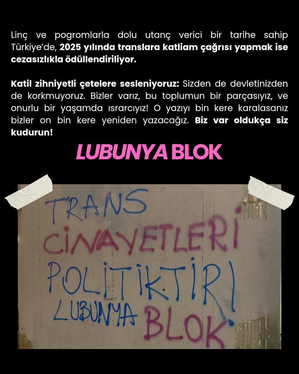 Ege Üniversitesi'nin karşısına arkadaşlarımızın yaptığı yazılamaya "Ak Gençlik" adında toplamın "daha çok trans cinayeti isteriz" yazılamasına Lubunya Blok olarak cevabımızdır: TRANS CİNAYETLERİ POLİTİKTİR!
<a href="/DirenisinR/">Direnişin Renkleri</a> 
<a href="/lavenderlgbtiq/">Lavender LGBTİQ+ | QueerDeer</a>