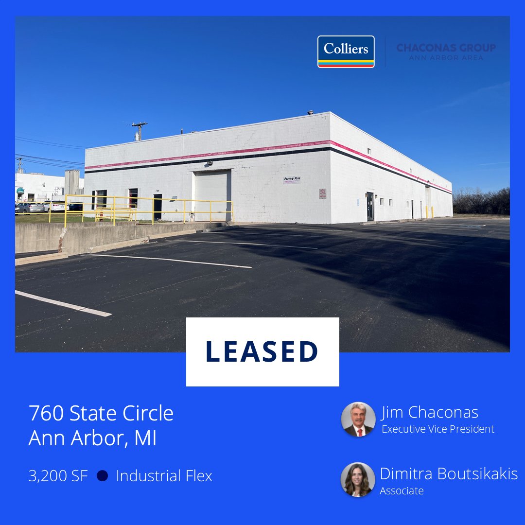 Leased 3,200 SF of Industrial Space!
Congrats to our Colliers Ann Arbor – Chaconas Group partners, Dimitra Boutsikakis and Jim Chaconas on successfully representing the Landlord and Tenant in this commercial transaction! 🙌
#ChaconasGroup #ColliersAnnArbor #AcceleratingSuccess