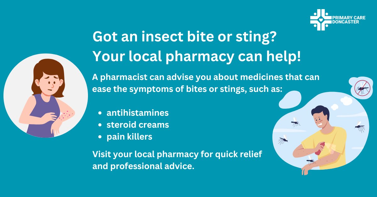 GPFedDoncaster's tweet image. 🦟 Got an insect bite? Your local pharmacy can help! 

Most insect bites are not usually serious and get better in a few days. A pharmacist can advise you about medicines that can ease symptoms. 

Visit your local pharmacy for quick relief and expert advice!

#PharmacyFirst