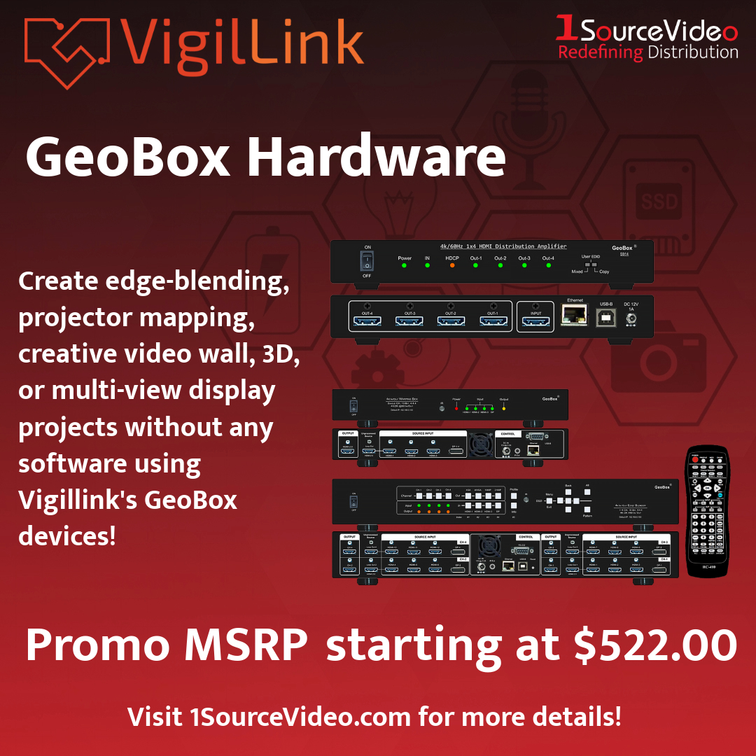 1sourcevideo's tweet photo. Go software-free with projection and video wall applications when you use @VigilLink's GeoBox devices!

#1SourceVideo #distribution #RedefiningDistribution #Vigilink #GeoBox #projection #videowall #multidisplay #nosoftware #plugandplay #filmmaking #videoproduction #cinematography https://t.co/QrBUn7FhZy
