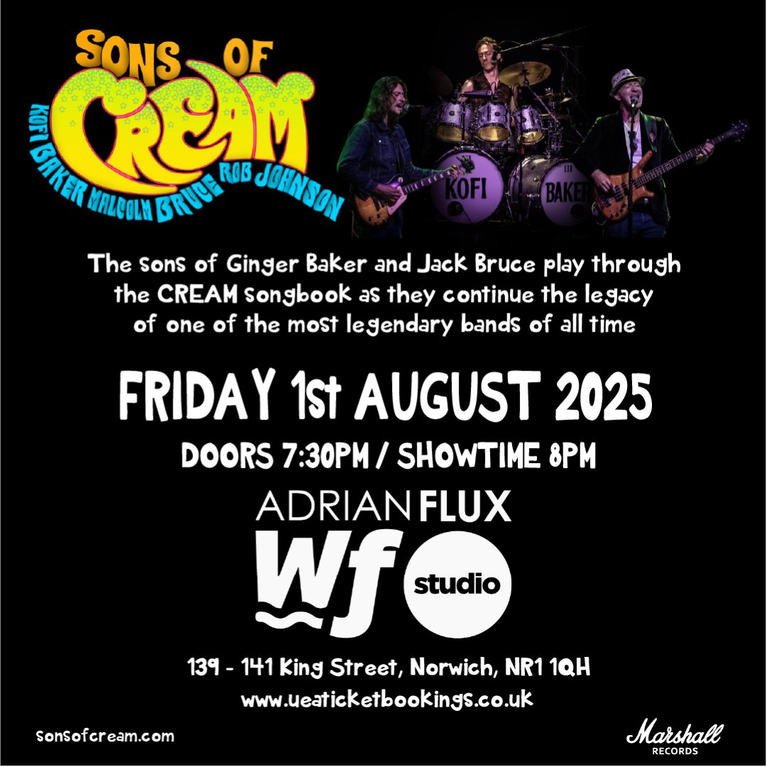 🚨JUST ANNOUNCED🚨

Sons of Cream are coming to the Adrian Flux Waterfront Studio!

Celebrating their fathers' iconic music, Ginger’s son Kofi and Jack’s son Malcolm are joined by guitarist Rob Johnson for two sets worth of Cream classics

Don't miss out!
ueaticketbookings.co.uk/event/sons-of-…