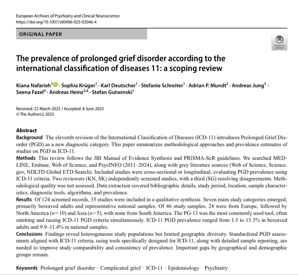 seenafazel's tweet image. Our new systematic review (led by colleagues in Berlin) examines prevalence of prolonged grief disorder.
Open access:
link.springer.com/article/10.100…
