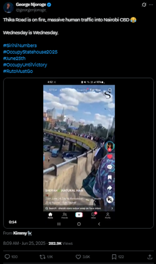 Claim: Thika Superhighway blocked, forcing protesters to walk into Nairobi’s CBD during the June 25, 2025 protests in Kenya.

Fact: The Fact-Checking Desk has fact-checked this content and established that it is misleading.
 
To arrive at this conclusion,  A reverse video search