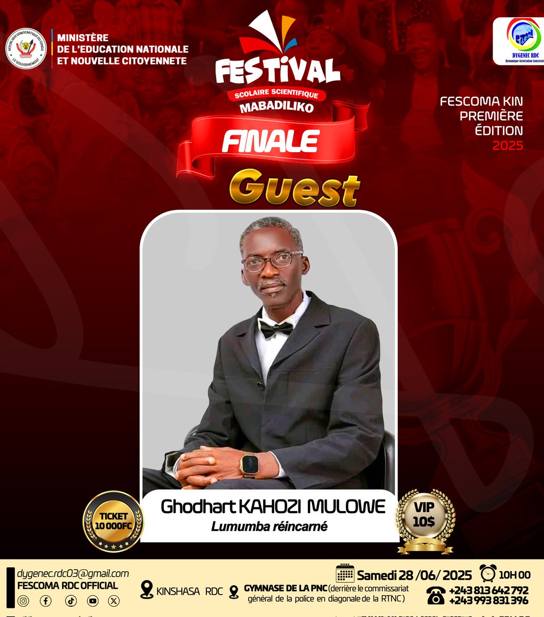 FESCOMA KIN 2025
UN DISCOURS DE L'INDÉPENDANCE SERA À L'HONNEUR🇨🇩🎉🎊
À la veille de l'indépendance, Ghodhart KAHOZI dit LE LUMUMBA RÉINCARNÉ sera sur la scène de la finale du Festival Mabadiliko pour le Discours de l'Indépendance ce samedi 28 juin !