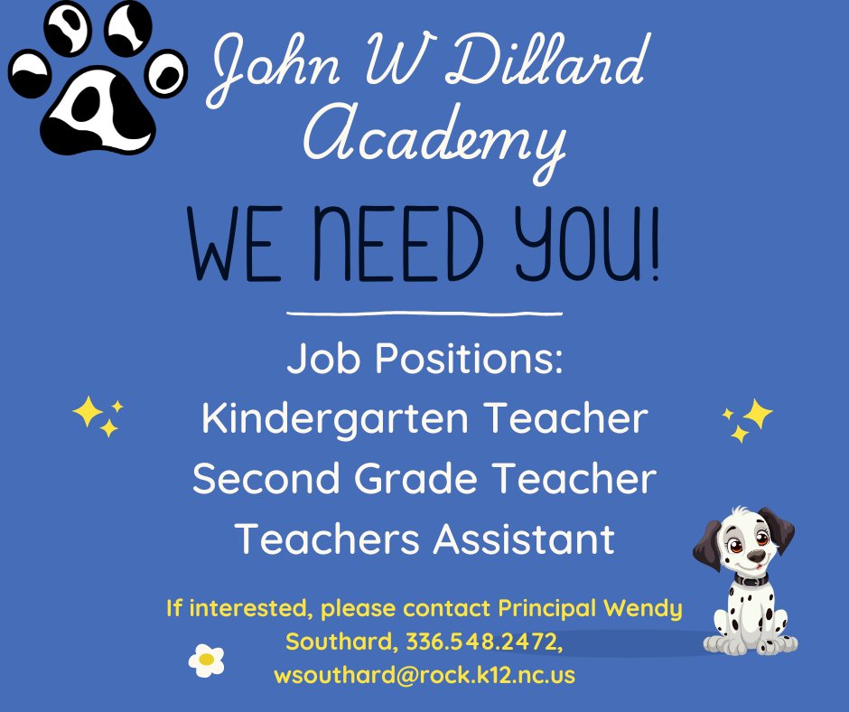 We are looking for amazing teachers to join our Dalmatian family!  If you are interested, please contact our Principal Wendy Southard at 336.548.2472 or by email wsouthard@rock.k12.nc.us