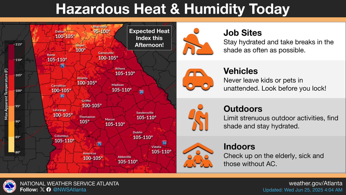 AFCEMA's tweet image. The heat and humidity continue today, with heat index values ranging from 100 to 105 degrees. Stay hydrated, limit time outdoors, wear light clothing, and check on neighbors, the elderly, and other vulnerable populations.