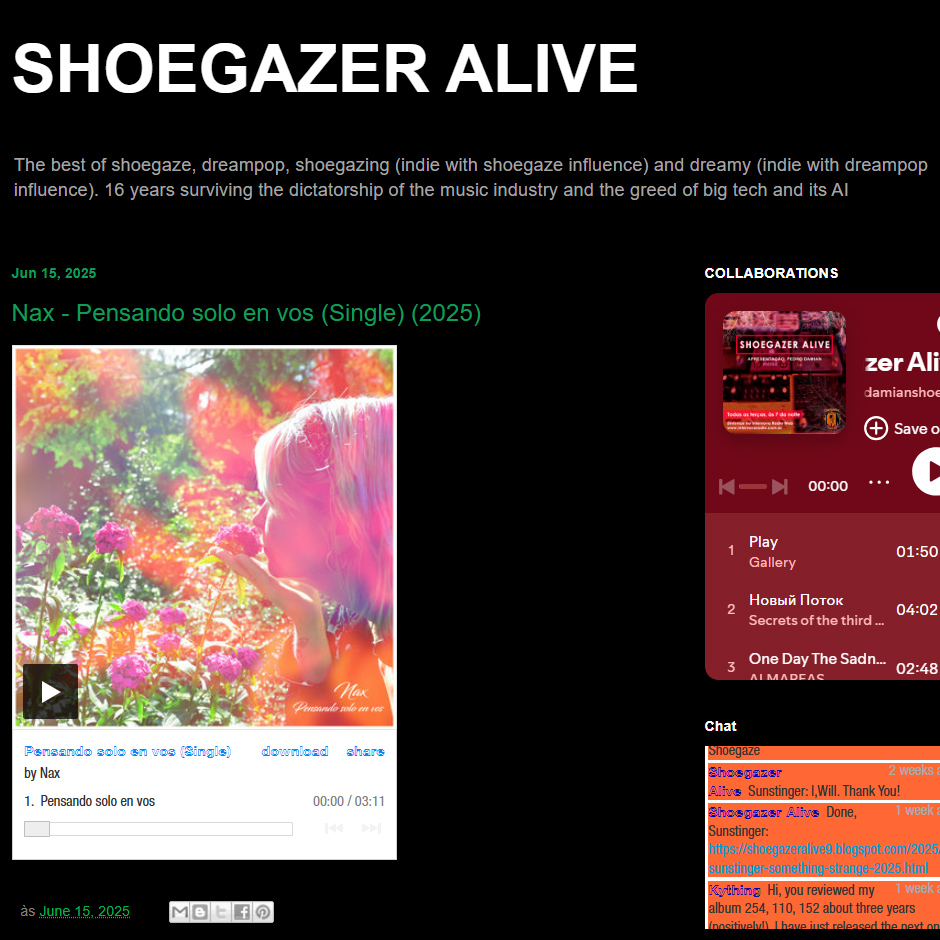 Nax (@nax_musica) on Twitter photo "Pensando solo en vos" was highlighted by the iconic shoegaze blog "Shoegazer Alive" (Brazil 🇧🇷).
#naxmusica #pensandosoloenvos #DreamySounds "Pensando solo en vos" was highlighted by the iconic shoegaze blog "Shoegazer Alive" (Brazil 🇧🇷).
#naxmusica #pensandosoloenvos #DreamySounds