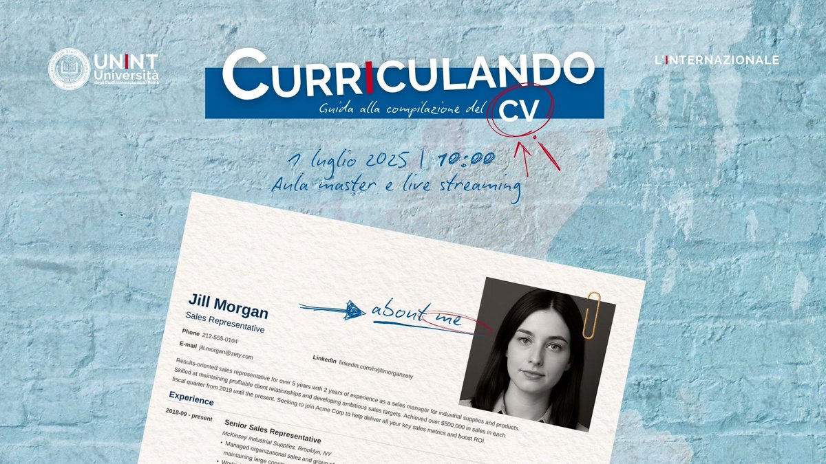L’Ufficio placement di UNINT organizza un incontro dal titolo “Curriculando – Guida alla compilazione del CV”, che si terrà il 1 luglio 2025 a partire dalle ore 10:00 in aula master e in live streaming.
Scopri di più: unint.eu/eventi/curricu…