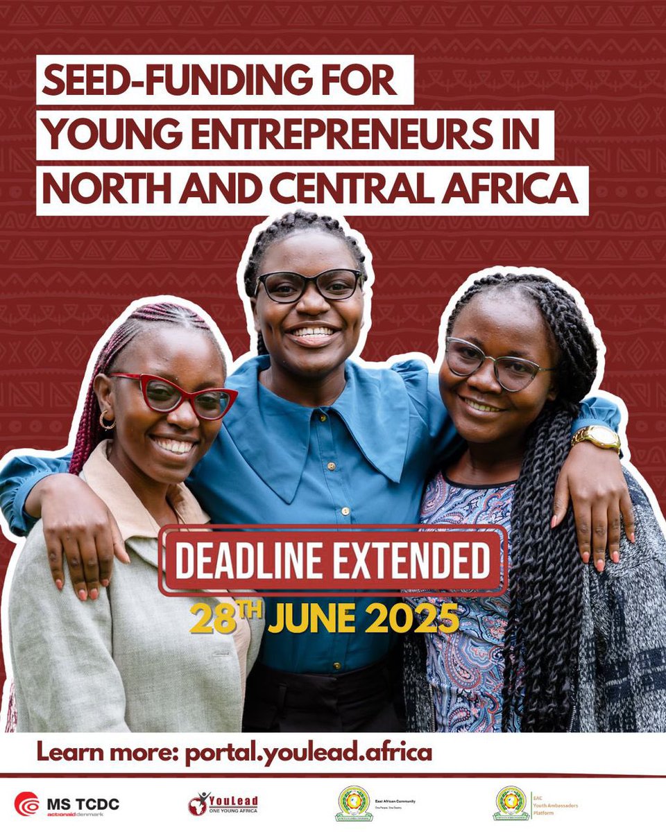 Marion Stetchy (@mstetchy) on Twitter photo Missed the first call? The deadline for the Seed-Funding for Young Entrepreneurs in North & Central Africa has been EXTENDED to 28th June 2025.
<a href="/OneYoungAfrica/">YouLead Africa</a> is offering $2,000 in seed funding to support innovative, youth-led businesses.
Apply now 👉: portal.youlead.africa Missed the first call? The deadline for the Seed-Funding for Young Entrepreneurs in North & Central Africa has been EXTENDED to 28th June 2025.
<a href="/OneYoungAfrica/">YouLead Africa</a> is offering $2,000 in seed funding to support innovative, youth-led businesses.
Apply now 👉: portal.youlead.africa