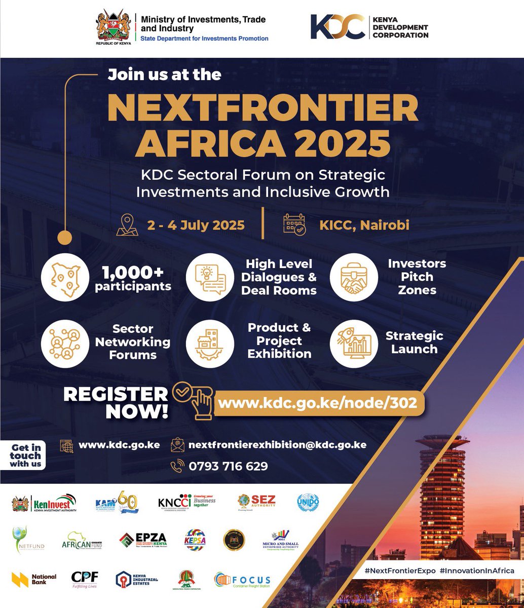 KDC_KE's tweet photo. #NextFrontierAfrica2025| 2nd - 4th July 2025| KICC Nairobi, Kenya . Register Now! @MITIKenya @KenInvest @epzakenya @SEZAuthority_ke @Investment_Ke @PSAhassan @GovLeeKinyanjui @KIE_Kenya #NextFrontierExpo #InnovationinAfrica @KEPSA_KENYA @KAM_Kenya https://t.co/2sUQYY7VLN