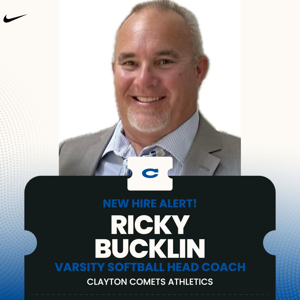 ClaytonCometsAD's tweet photo. ❗️NEW HIRE❗️

We are excited to announce Coach Ricky Bucklin as our new Varsity Softball Head Coach!  Coach Bucklin has been a member of the softball staff for many years and is excited to lead the program next Spring!  Looking forward to great things ahead!  🥎

#GoComets https://t.co/CrggYbUvIy