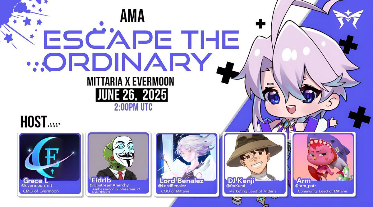 Mittaria (@mittaria_origin) on Twitter photo 📣 AMA Alert: ESCAPE THE ORDINARY 💫
We're super excited to join forces with the Web3 gaming legends <a href="/EverMoon_nft/">Evermoon Games</a> for an AMA that's going to blow your mind. 🌌
Imagine this: a behind-the-scenes look at how Evermoon and Mittaria blend storytelling, gameplay, and community into 📣 AMA Alert: ESCAPE THE ORDINARY 💫
We're super excited to join forces with the Web3 gaming legends <a href="/EverMoon_nft/">Evermoon Games</a> for an AMA that's going to blow your mind. 🌌
Imagine this: a behind-the-scenes look at how Evermoon and Mittaria blend storytelling, gameplay, and community into