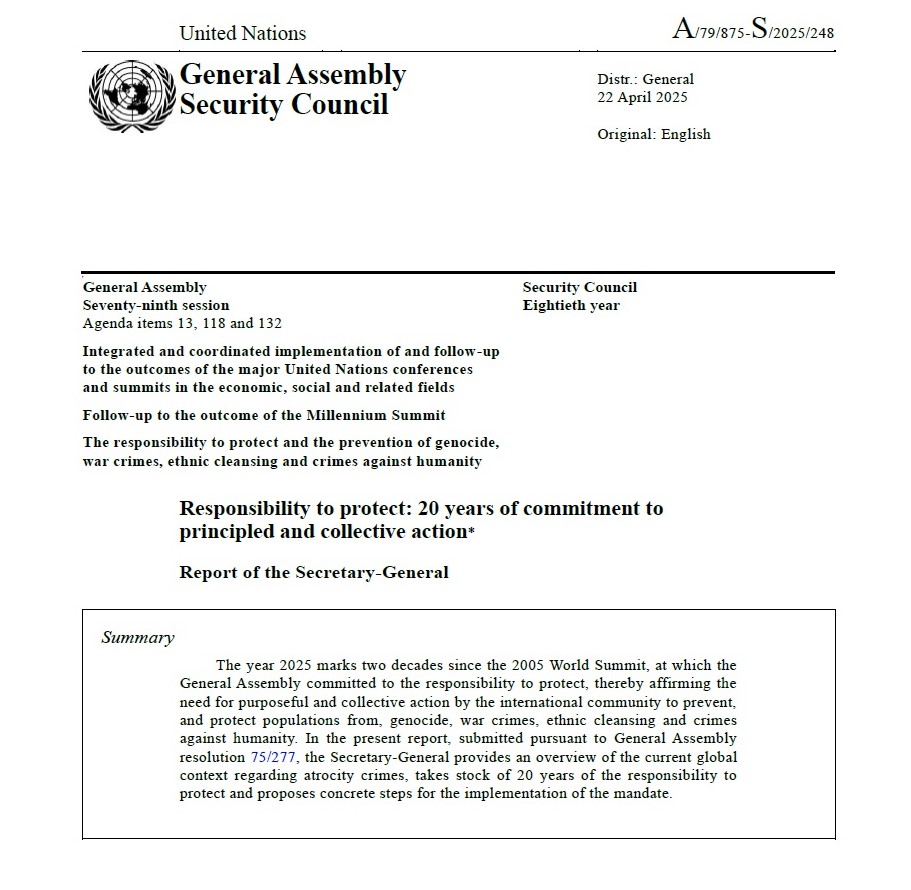 UN Genocide Prevention (@unosapg) on Twitter photo 📌 20 Years of Responsibility to Protect 
Today, 10am EDT, Secretary-General <a href="/antonioguterres/">António Guterres</a> opens 🇺🇳 General Assembly plenary on the Responsibility to Protect, followed by presentation from Special Adviser on R2P, Mô Bleeker.
📰bit.ly/R2Pat20
📺webtv.un.org/en/asset/k16/k… 📌 20 Years of Responsibility to Protect 
Today, 10am EDT, Secretary-General <a href="/antonioguterres/">António Guterres</a> opens 🇺🇳 General Assembly plenary on the Responsibility to Protect, followed by presentation from Special Adviser on R2P, Mô Bleeker.
📰bit.ly/R2Pat20
📺webtv.un.org/en/asset/k16/k…