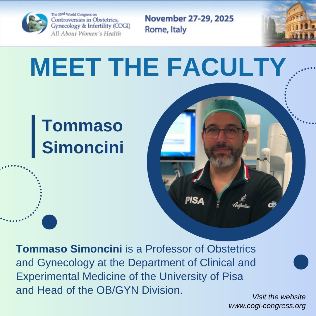 cogicongress's tweet image. Meet the Faculty of #COGI2025!

We’re excited and honored to welcome Tommaso Simoncini!
Tommaso Simoncini is Professor of Obstetrics and Gynecology at the Department of Clinical and Experimental Medicine of the University of Pisa and Head of the OB/GYN Division. 
Prof Simoncini…