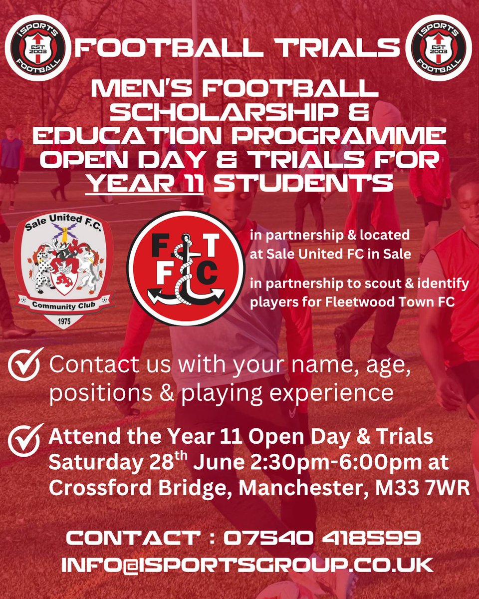 isportsgroup's tweet image. ⚽️ iSPORTS Men’s Football Scholarship &amp;amp; Education Programme
📣 Year 11 Open Day &amp;amp; Trials

#FootballTrials #FootballTrialsUK #OpenTrials #FootballTryouts #YouthFootballTrials #TrialOpportunities #PlayerScouting #TalentID #FootballTalentSearch #FootballPathway