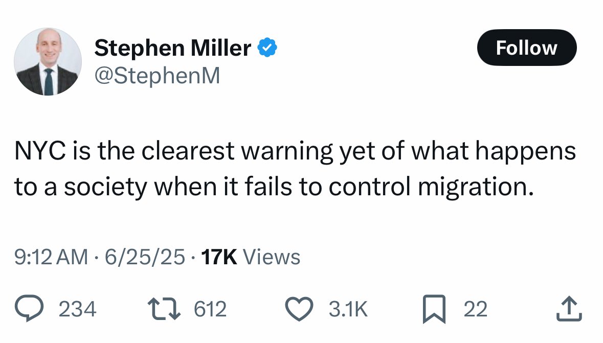Mamdani wins because of overwhelming support from white, college-educated voters.

Stephen Miller: I blame immigrants!