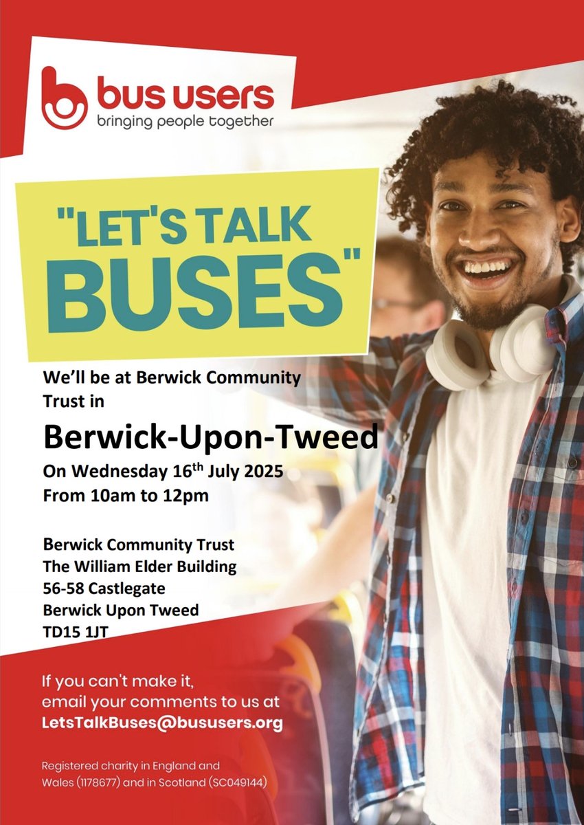 <a href="/BusUsersUK/">Bus Users UK</a> will be with <a href="/BordersBuses/">Borders Buses</a> in Berwick-Upon-Tweed on Wednesday 16th July between 10am and 12pm. Looking forward to talking about buses 🚌.