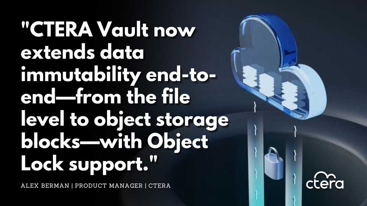 CTERA's tweet image. 🚀 CTERA Vault now supports Object Lock for S3 storage—extending WORM protection from edge to object level.
✅ End-to-end immutability
✅ Custom retention
✅ Compliance-ready

🔗 Learn more: ctera.com/blog/ctera-vau…

#CTERA #CyberSecurity #ObjectLock #WORM #DataProtection