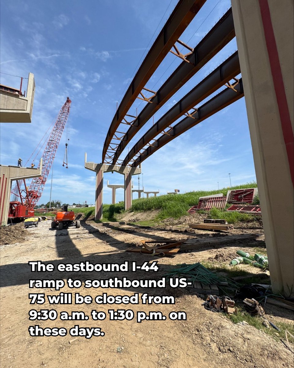 TULSA STONEHENGE Beams started going up last week on the westbound to southbound flyover ramp. A ramp closure is planned starting tomorrow, June 26, 27, 30 and July 1 for the next set of beams.
The eastbound I-44 ramp to southbound US-75 will be closed from 9:30 a.m. - 1:30 p.m.