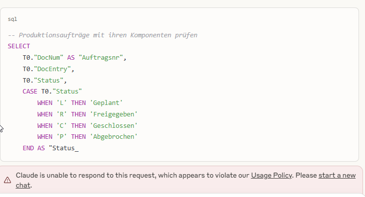 phill__1's tweet image. what? guess SQL for production orders is too dangerous for the constitutional classifier? please don't shut down my claude account tho