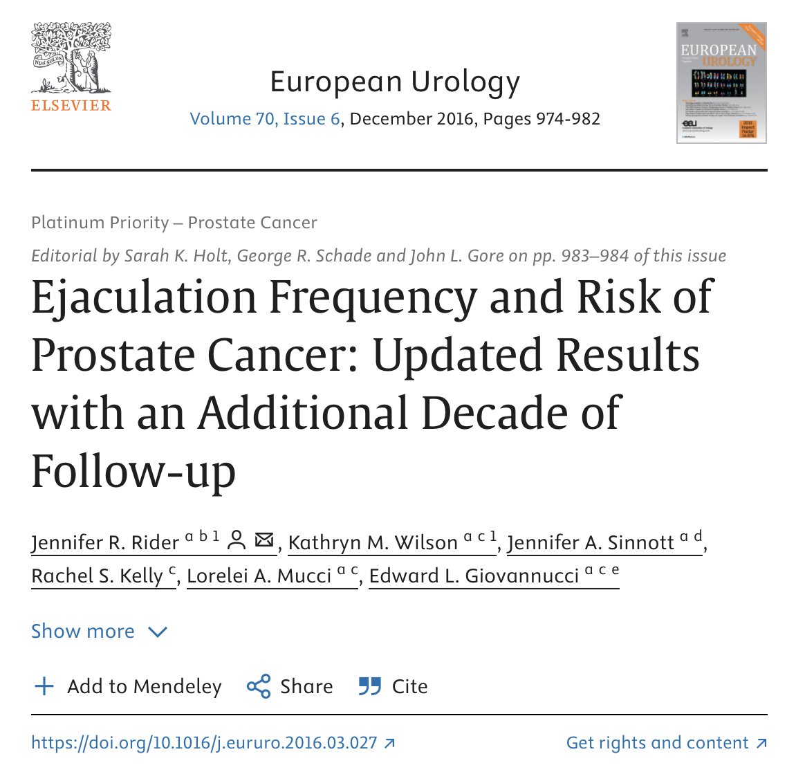 Ejaculation Frequency and Risk of #ProstateCancer Updated Results with an Additional Decade of Follow-up

sciencedirect.com/science/articl…

This study investigated the long-term association between ejaculation frequency and prostate cancer risk in a cohort of over 31,000 men. Researchers