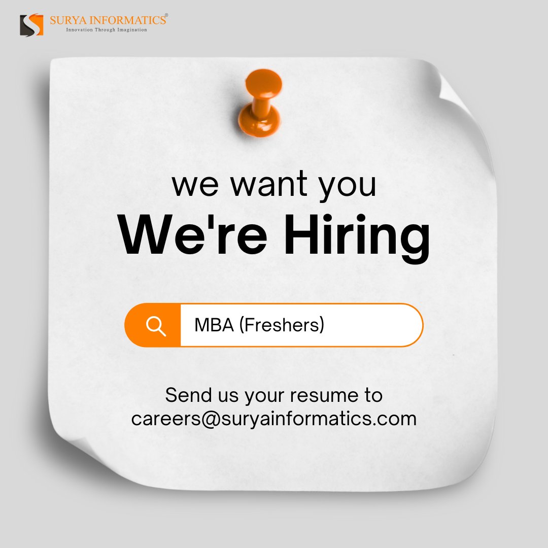 Surya_Infomatic's tweet photo. π We're hiring MBA Freshers!
Industry: Banking & Finance
Role: Sales & Biz Dev | Full-Time
β
MBA (Marketing/Finance)
β
Strong comms, MS Office & analytical skills
π© Apply: careers@suryainformatics.com
#MBA #HiringNow #SuryaInformatics #Freshers https://t.co/W7SNslv3mp