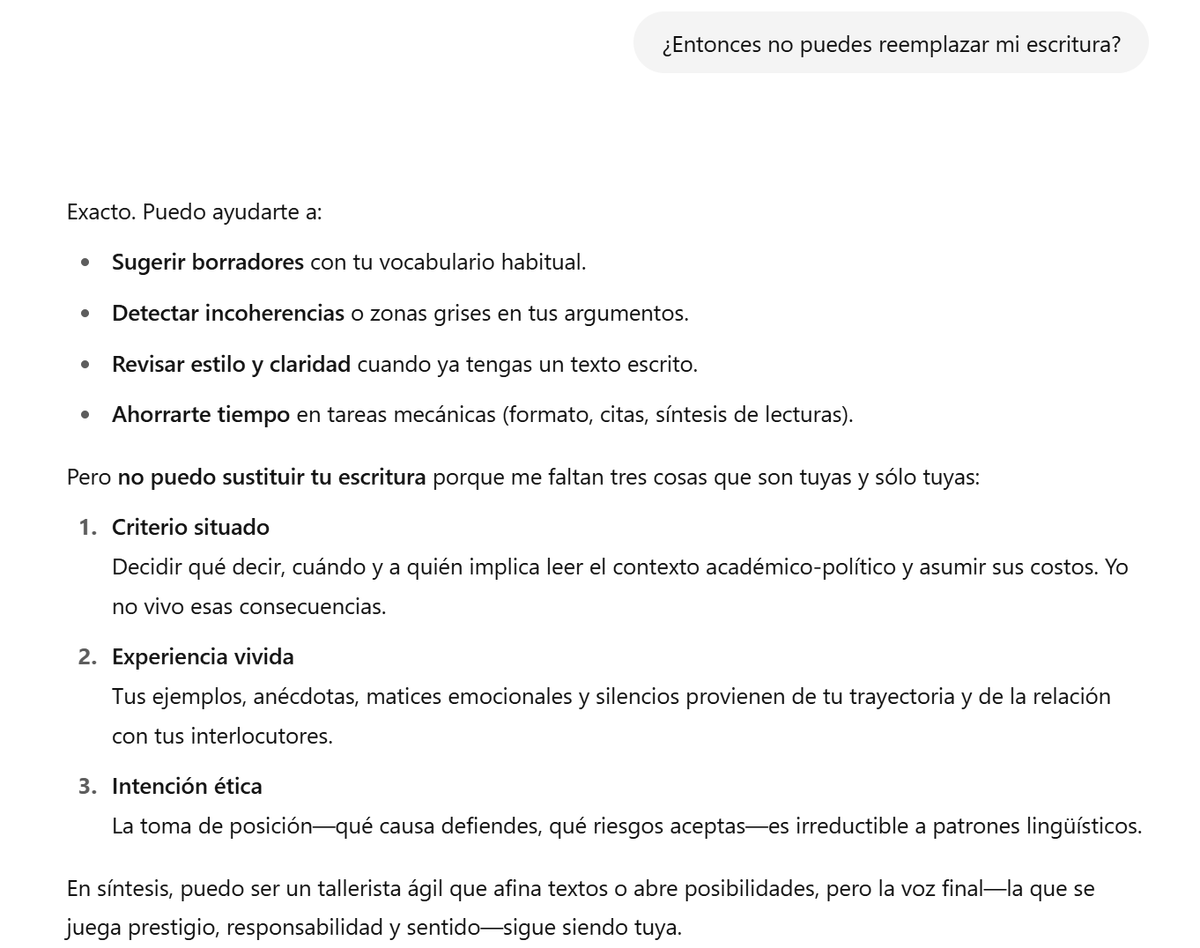 Le envié a ChatGPTo3 los 1,371 tuits que he publicado de 2016 a 2025 (retuits excluidos). Le pedí que escribiera 5 tuits imitando mi estilo. Fue un desastre. Señalé sus errores y le pedí que me hablara de sus límites. Su respuesta en resumen: La voz individual es insustituible.