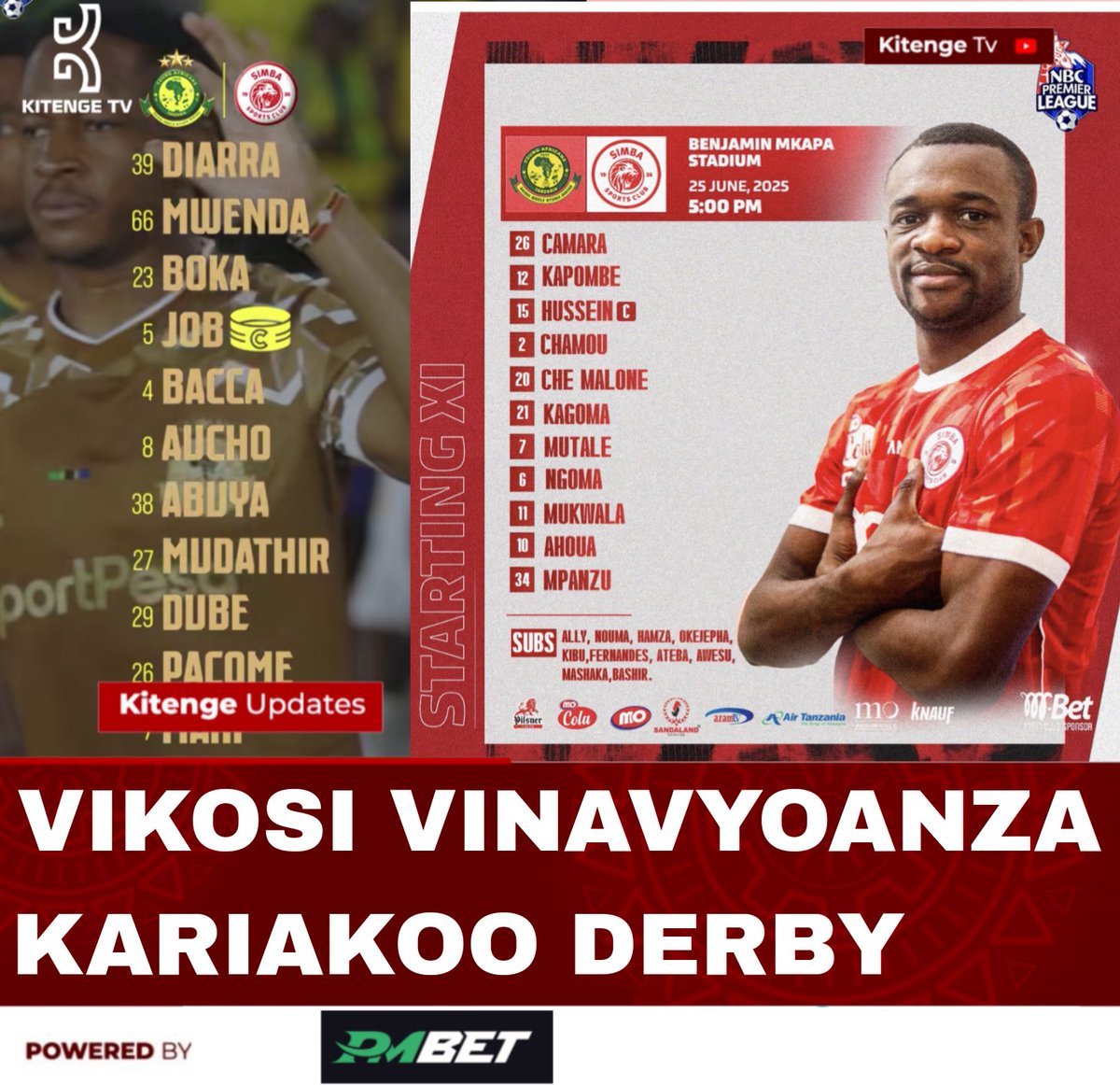 Vikosi vinavyoanza kwenye Dabi ya Kariakoo kati ya wenyeji, Young Africans Sc dhidi ya Mnyama, Simba Sc katika dimba la Benjamin Mkapa huku Clement Mzize, Clatous Chota Chama na Kibu Dennis wakianzia benchi kwenye timu zao.

🟢 YANGA SC IX: Diarra, Mwenda, Boka, Bacca, Job,