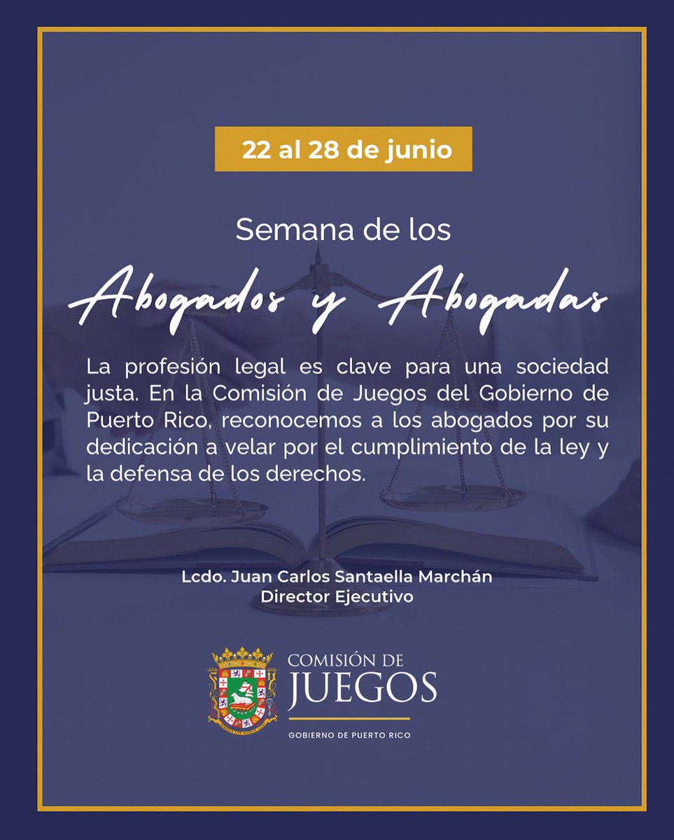 ComJuegosPR's tweet image. En la Semana de los Abogados y Abogadas, reconocemos a quienes velan por el cumplimiento de la ley en Puerto Rico. Agradecemos en especial a nuestro equipo legal por orientar cada proceso con compromiso y aportar a una gestión conforme a derecho. ¡Felicidades! ⚖️🇵🇷
