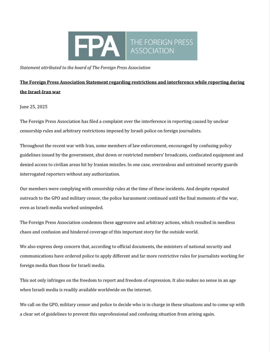 FPAIsPal's tweet image. A statement by the FPA about censorship during the recent Israel-Iran war
