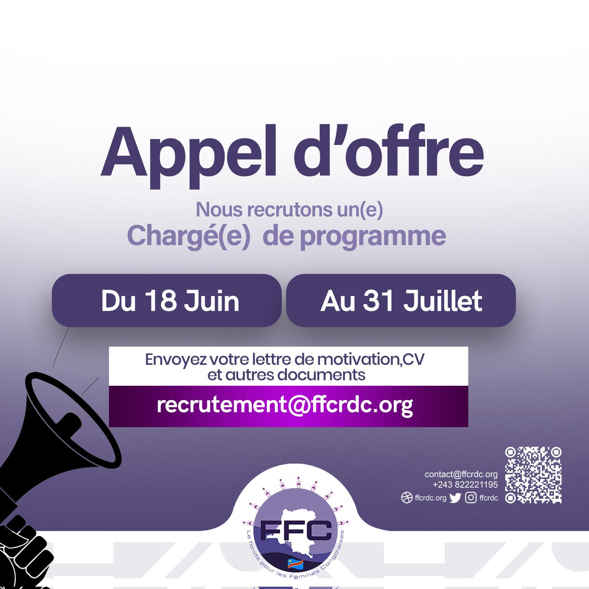 Joseph Katusele (@katuselejoseph) on Twitter photo 🚨#Urgent_Kinshasa : OFFRE D’EMPLOI/CHARGÉ.E DE PROGRAMME
Œuvrant en appuie technique et financier aux organisations féminines de base à travers la #RDCONGO ,<a href="/ffcrdc/">Fonds pour les Femmes Congolaises - FFC</a> recrute un.e Chargé.e de Programme qui sera basé.e à Kinshasa.
Pour plus d'infos ⤵️
ffcrdc.org/offre-demploie… 🚨#Urgent_Kinshasa : OFFRE D’EMPLOI/CHARGÉ.E DE PROGRAMME
Œuvrant en appuie technique et financier aux organisations féminines de base à travers la #RDCONGO ,<a href="/ffcrdc/">Fonds pour les Femmes Congolaises - FFC</a> recrute un.e Chargé.e de Programme qui sera basé.e à Kinshasa.
Pour plus d'infos ⤵️
ffcrdc.org/offre-demploie…