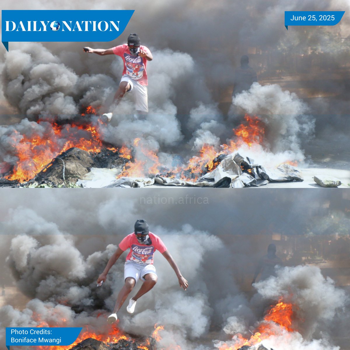 A protester jumps over a bonfire on Kenyatta Avenue in Nakuru City during the June 25, 2025 demonstrations.