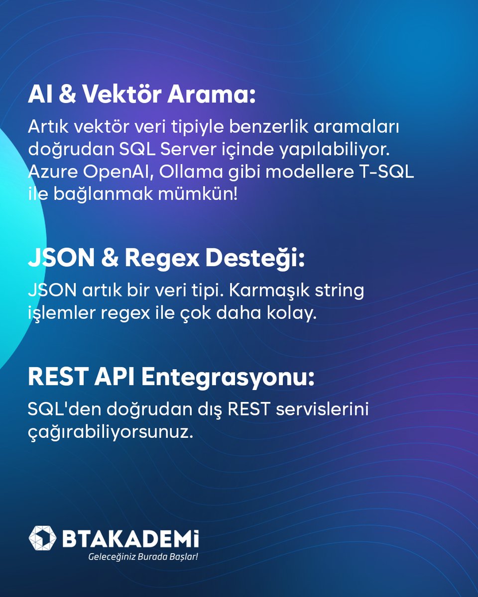 BT_AkademiTR's tweet image. SQL Server 2025 Yayında!
Veritabanından çok daha fazlası artık parmaklarınızın ucunda!
Yapay zeka destekli, REST API uyumlu, vektör arama yetenekli yepyeni bir dönem başlıyor.
📌 SQL Server artık yalnızca bir veritabanı değil, bir yapay zeka platformu!
#SQLServer2025