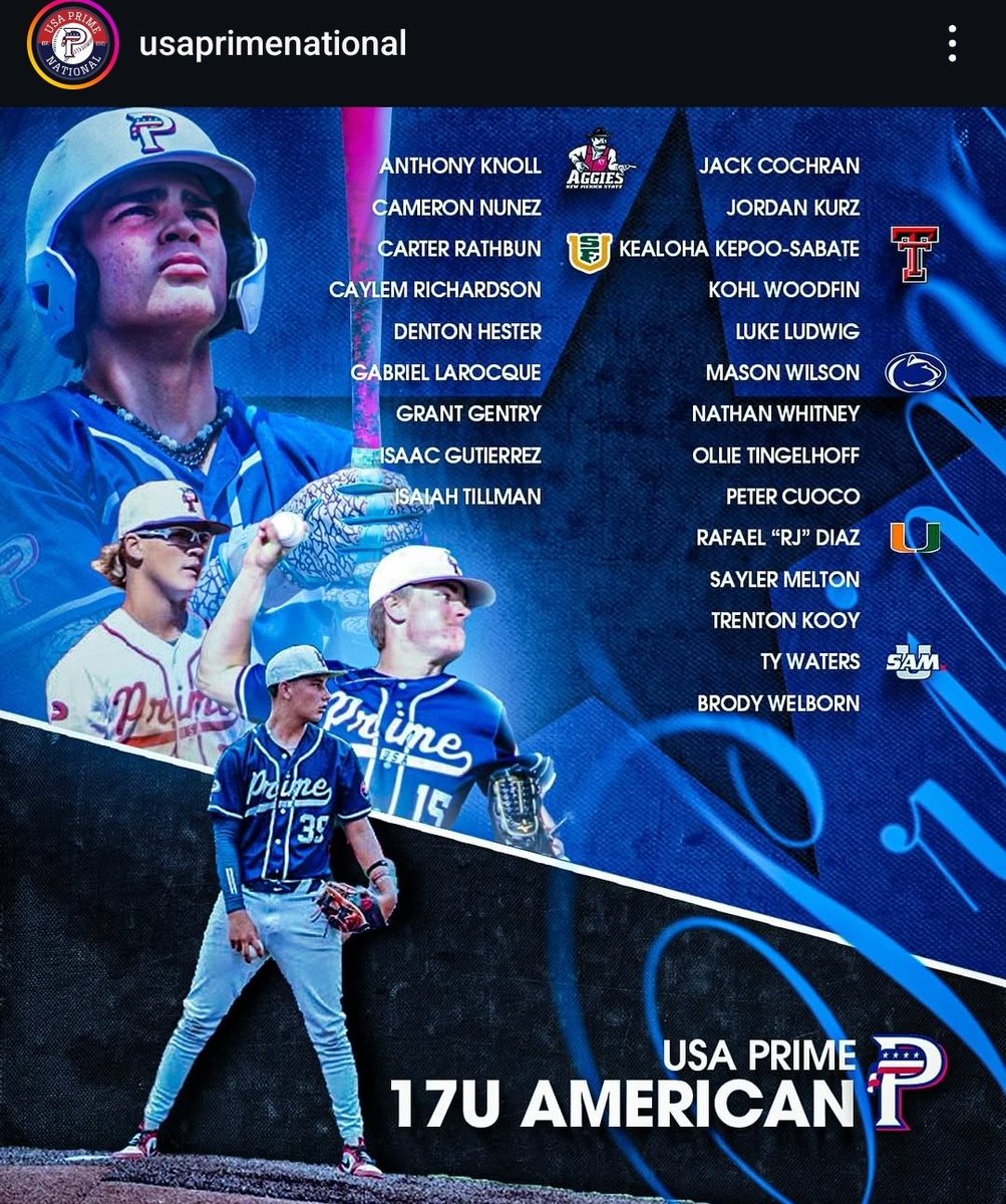 Gabriel Larocque (@gabriellarocq14) on Twitter photo Here is our <a href="/USAPrimeNat/">USA Prime National Program</a> 17U (USA Prime America) WWBA National Championship schedule:
June 26- 4:00 pm at Kell HS
June 27- 5:00 pm at Sadler- Brook Run Fields
June 28- 11:20 am at Duluth HS
June 29- 8 am at Field 3 East Cobb Here is our <a href="/USAPrimeNat/">USA Prime National Program</a> 17U (USA Prime America) WWBA National Championship schedule:
June 26- 4:00 pm at Kell HS
June 27- 5:00 pm at Sadler- Brook Run Fields
June 28- 11:20 am at Duluth HS
June 29- 8 am at Field 3 East Cobb