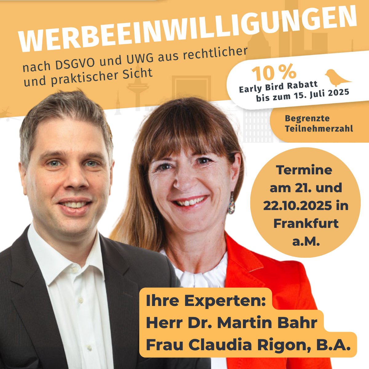 DigitalDwc's tweet image. 📢 DSGVO + UWG im Griff?
🔍 Live-Seminar in Frankfurt:
✅ Werbeeinwilligung rechtssicher
👨⚖ Mit RA Dr. Bahr &amp;amp; Claudia Rigon
📅 21.+22.10.25
🎟 dr-bahr.com/seminar
#DSGVO #Marketingrecht #Werbung #Frankfurt #Seminar