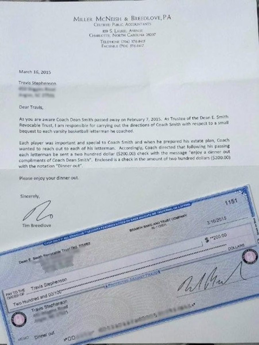 When Dean Smith passed away, his estate sent his former UNC players this note and gesture.

An example of what transformational leadership looks like.