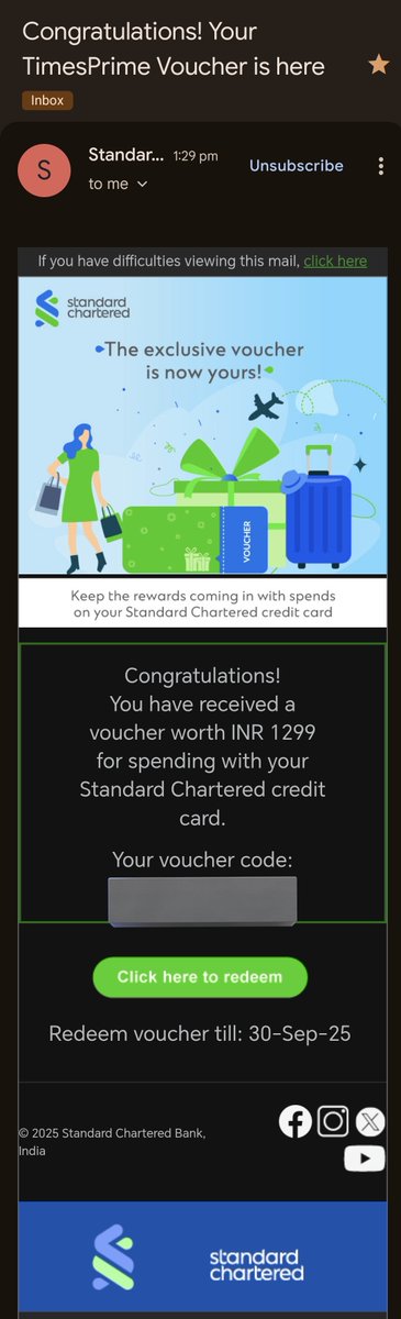 KammaRaghuram's tweet image. 🚨 Just in! 🚨
SCB 💳 is now sending out TimesPrime vouchers 🎁 worth ₹1299 for meeting their spend-based criteria! 🤑
Got mine already 😎
Check your inbox for yours.. 📩✨

#CreditCardRewards #StandardChartered #TimesPrime #Deals #SCB #RewardAlert #SmartSpends
#CCGeeks