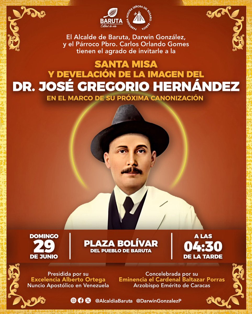Me complace invitarlos a un encuentro muy especial, una misa y develación de una escultural en honor al Dr. José Gregorio Hernández a propósito de su próxima canonización. 

📍Plaza Bolívar del Pueblo de Baruta
📅 Domingo 29 de junio
⏰ 4:30pm

Contaremos con la presencia del
