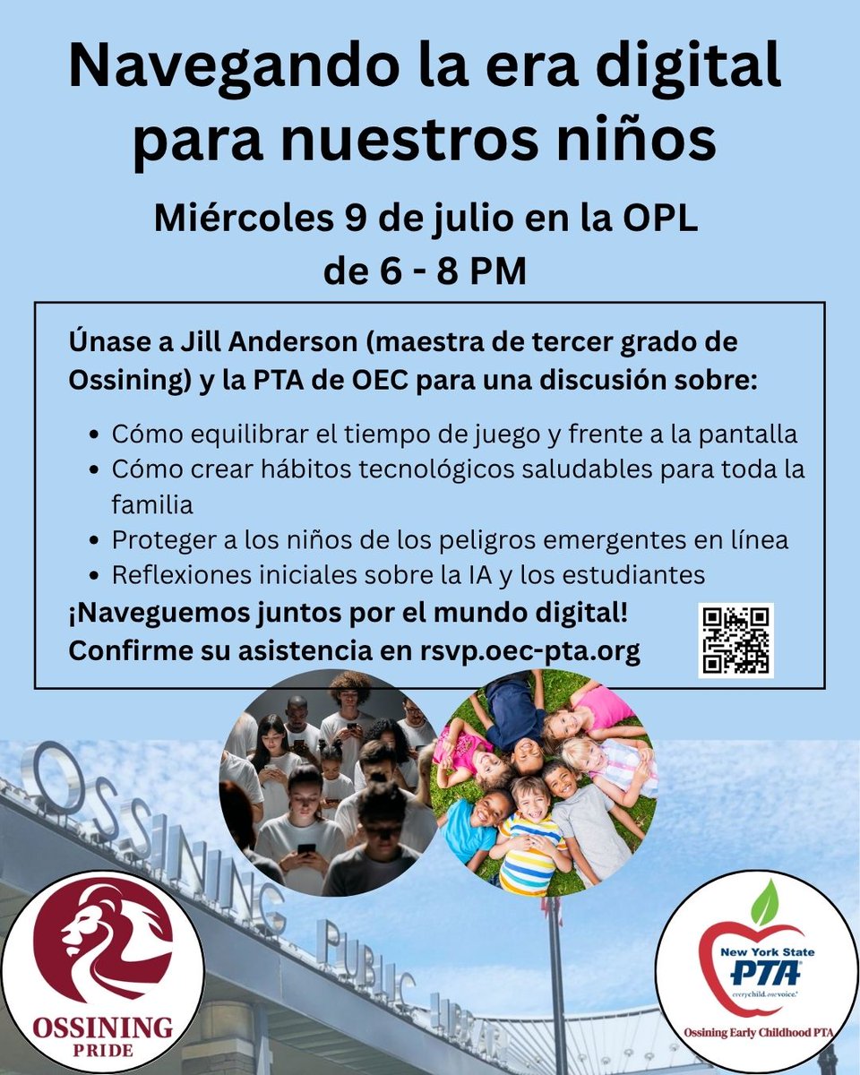 Ossining UFSD (@ossiningschools) on Twitter photo 📱Navigating the Digital Age for Our Children
- Wednesday, July 9th
- 6:00–8:00 PM
- Ossining Public Library
Join the PTA and Claremont teacher Jill Anderson for an important conversation on keeping kids safe online
patch.com/new-york/ossin… #opride 📱Navigating the Digital Age for Our Children
- Wednesday, July 9th
- 6:00–8:00 PM
- Ossining Public Library
Join the PTA and Claremont teacher Jill Anderson for an important conversation on keeping kids safe online
patch.com/new-york/ossin… #opride