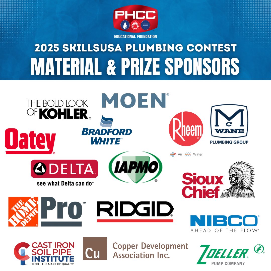 GRATEFUL for our amazing material &amp; prize sponsors who make the 2025 SkillsUSA National Plumbing Championship competition possible!

#SkillsUSA #PlumbingChampionship #MaterialSponsors #PrizeSponsors #SkilledTrades #ThankYou  #PHCCEducationalFoundation #PHCCAcademy #PHCC