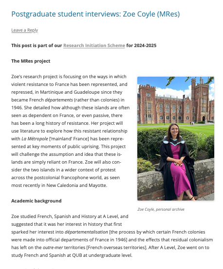 The final blog post in this year's QUB Modern Languages Research Initiation Scheme is an interview with Zoe, a current MRes student in French, prepared by final-year undergraduate Ailish. Read the full post here:
blogs.qub.ac.uk/cdrgmodlangsqu…