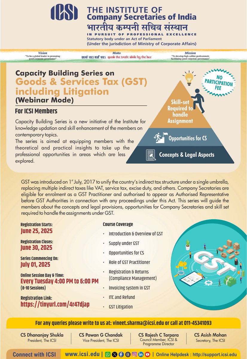 icsi_cs's tweet photo. Registrations Open for #ICSI Capacity Building Series on Goods & Services Tax #GST including Litigation. Register @
https://t.co/c49Emct08L
#ICSICapacityBuilding #KnowledgeEnhancement https://t.co/diOEPGAut2