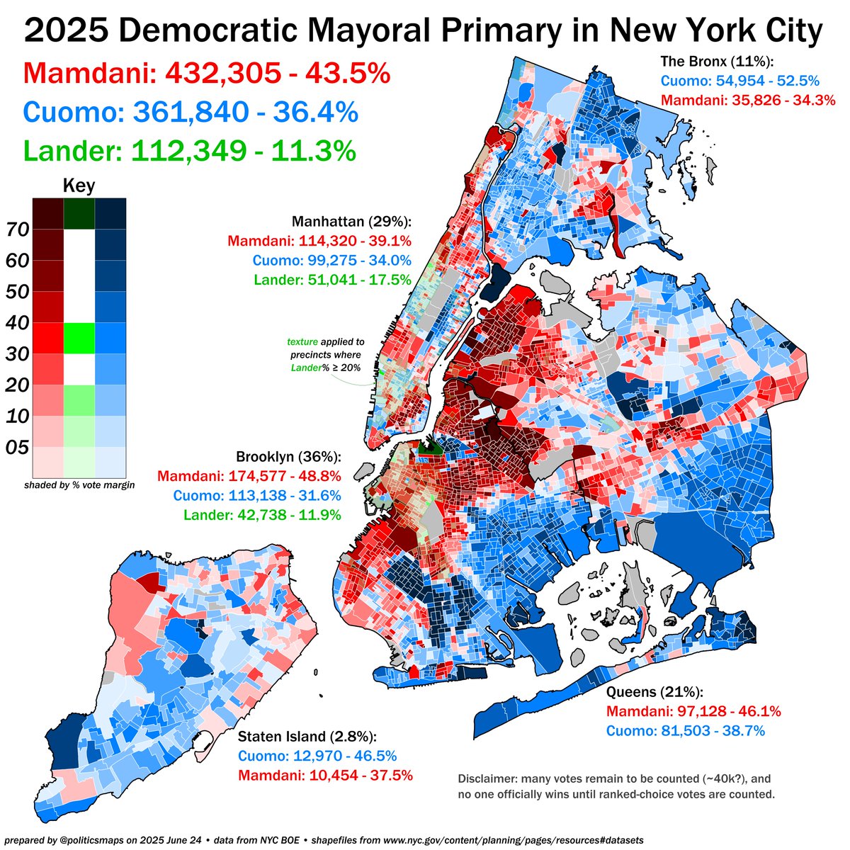 It's wild to me as a non-American that Zohran Mamdani, who advocates socialist policies like city-owned grocery stores, free city buses and rent freezes, managed to win the Democratic primary in Manhattan the home of Wall Street and American capitalism. 

Map credit: politicsmaps