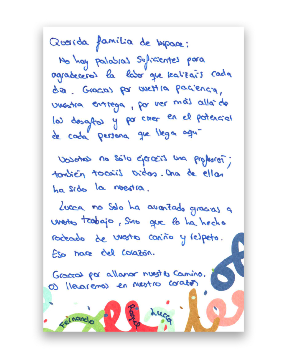 Hay gestos que llegan directos al corazón… como la carta de agradecimiento que hemos recibido de Lucca y su preciosa familia.
Ha sido un verdadero privilegio acompañaros durante este tiempo y ser testigos de la evolución diaria de Lucca.💛
#esporNipace #paralisiscerebral