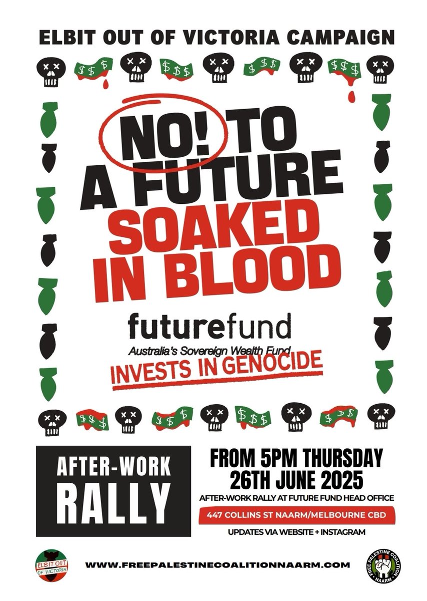Australia's sovereign wealth fund, the Future Fund, still invests in Israel's largest weapons manufacturer Elbit Systems. 

20 months of the Gaza genocide and they're STILL war profiteering!

Demand FF finally divest Thursday, 5pm at their head office 447 Collins St Naarm 🇵🇸