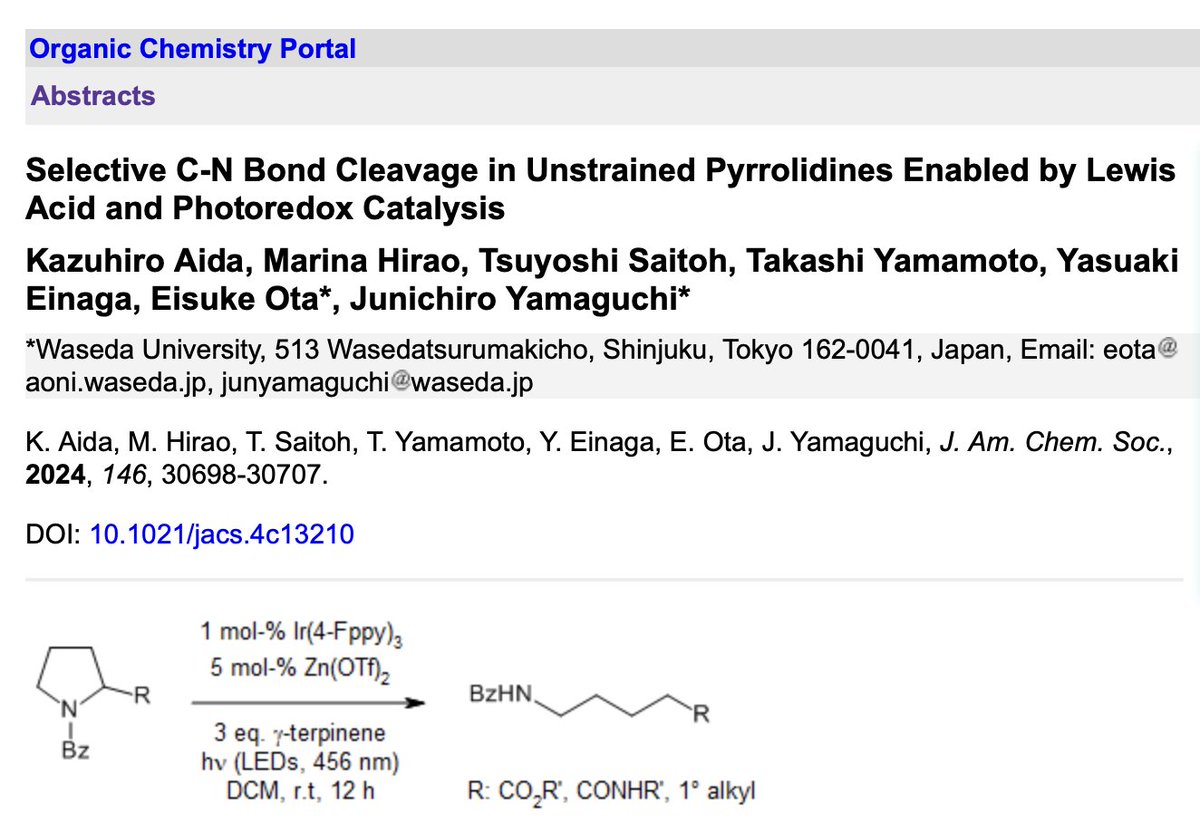 Yamaguchi Lab (@jyamaguchilab) on Twitter photo Our Lewis acid/Photoredox catalyzed C-N bond cleavage of unstrained pyrrolidines has been highlighted by <a href="/organic_portal/">Organic Chemistry Portal</a> !!
organic-chemistry.org/abstracts/lit9… Our Lewis acid/Photoredox catalyzed C-N bond cleavage of unstrained pyrrolidines has been highlighted by <a href="/organic_portal/">Organic Chemistry Portal</a> !!
organic-chemistry.org/abstracts/lit9…